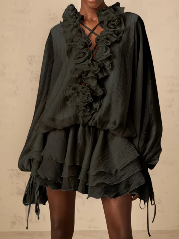 TWOTWINSTYLE Solid Loose Spliced 3D Flowers Dresses for Women V Neck Long Sleeves Patchwork Ruffles Fold Dress Female Clothing - Image 3
