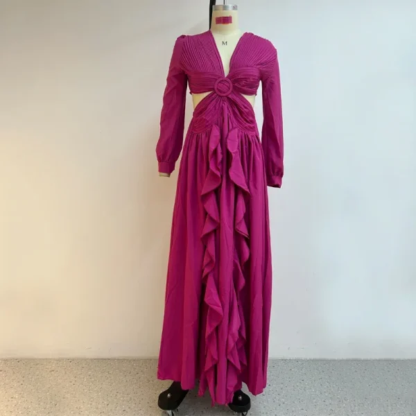 Ellafads Women Maxi Dress Elegant High Waist V-neck Lantern Sleeve Hollow Out Pleated Solid Color Ruffled Party Long Dresses - Image 2