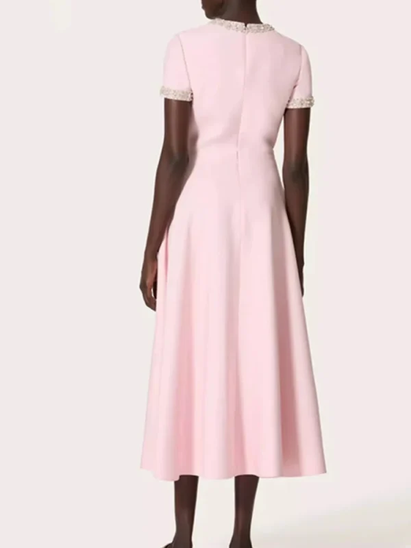 Heavy industry luxury diamond bow short sleeve dress high waist long skirt 2024 autumn women's new big swing A-line skirt - Image 2
