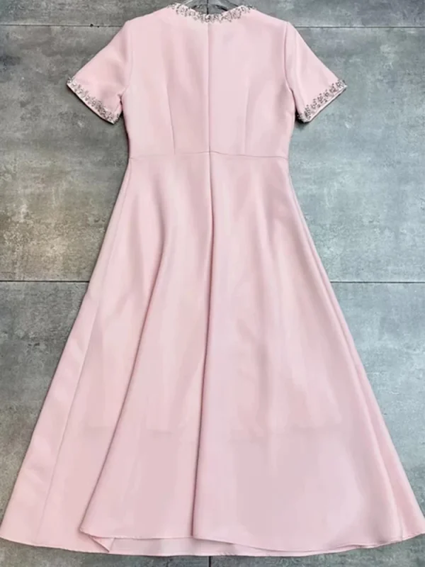 Heavy industry luxury diamond bow short sleeve dress high waist long skirt 2024 autumn women's new big swing A-line skirt - Image 4