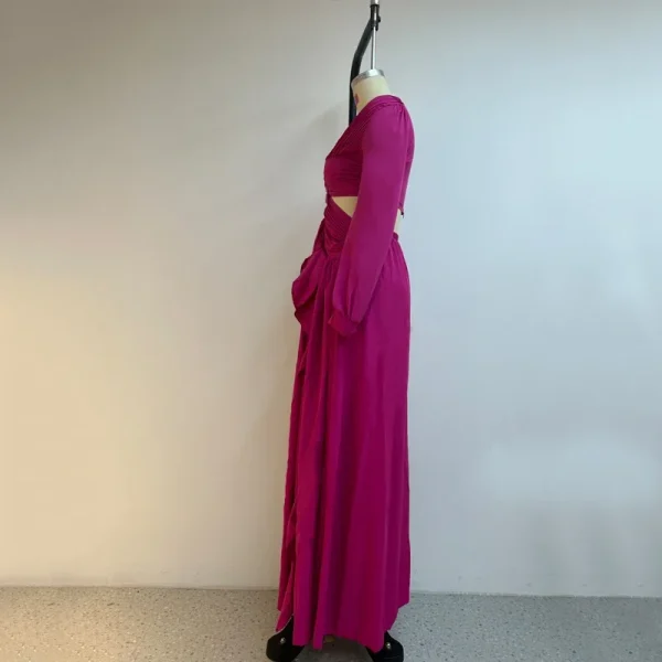 Ellafads Women Maxi Dress Elegant High Waist V-neck Lantern Sleeve Hollow Out Pleated Solid Color Ruffled Party Long Dresses - Image 3