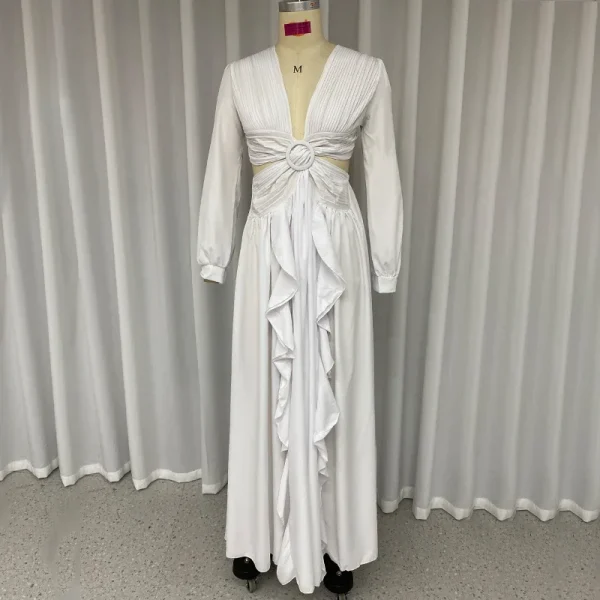 Ellafads Women Maxi Dress Elegant High Waist V-neck Lantern Sleeve Hollow Out Pleated Solid Color Ruffled Party Long Dresses - Image 5