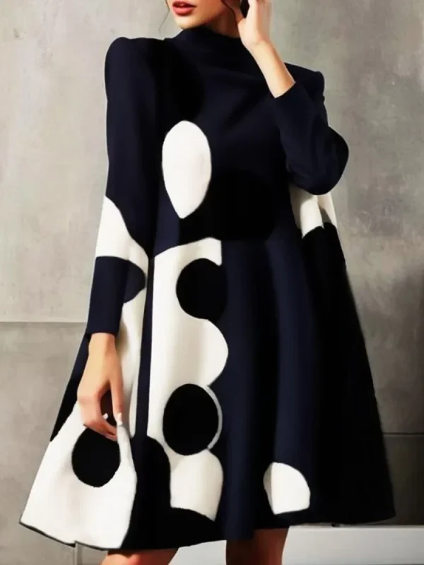UOOZEE Women Korean Fashion Polka-Dot High-neck Mini Dresses 2025 New Autumn Long Sleeves Elegant Party Evening Short Dress