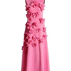 TWOTWINSTYLE Spliced Appliques Elegant Dresses For Women Stand Collar Sleeveless High Waist Patchwork Zipper Long Dress Female