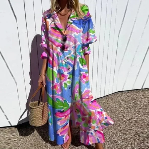 Women Retro Geometry Circle Print Long Dress Spring Single Breasted Lapel Shirt Dress Summer Puff Short Sleeve A-Line Boho Dress - Image 4