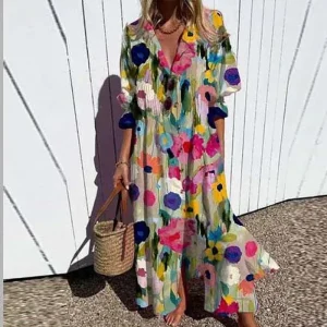 Women Retro Geometry Circle Print Long Dress Spring Single Breasted Lapel Shirt Dress Summer Puff Short Sleeve A-Line Boho Dress