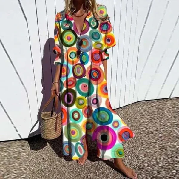 Women Retro Geometry Circle Print Long Dress Spring Single Breasted Lapel Shirt Dress Summer Puff Short Sleeve A-Line Boho Dress - Image 2