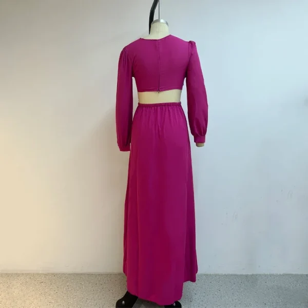 Ellafads Women Maxi Dress Elegant High Waist V-neck Lantern Sleeve Hollow Out Pleated Solid Color Ruffled Party Long Dresses - Image 4