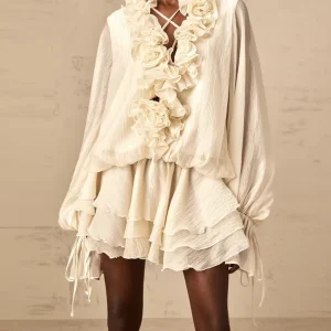 TWOTWINSTYLE Solid Loose Spliced 3D Flowers Dresses for Women V Neck Long Sleeves Patchwork Ruffles Fold Dress Female Clothing
