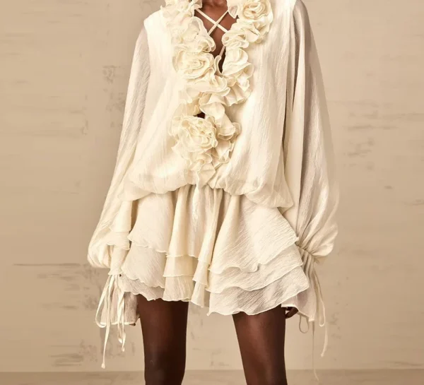 TWOTWINSTYLE Solid Loose Spliced 3D Flowers Dresses for Women V Neck Long Sleeves Patchwork Ruffles Fold Dress Female Clothing