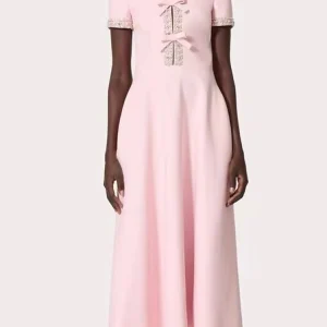 Heavy industry luxury diamond bow short sleeve dress high waist long skirt 2024 autumn women's new big swing A-line skirt