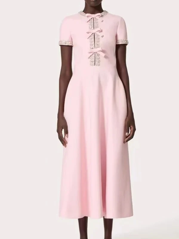 Heavy industry luxury diamond bow short sleeve dress high waist long skirt 2024 autumn women's new big swing A-line skirt