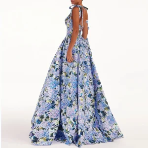Women Fashion Floral Print Hem Maxi Dress Spring Square Collar Lace-up Sling Long Dress Summer Backless Hollow Boho Dress Mujer