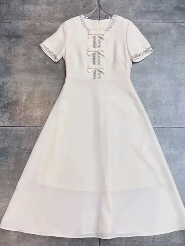 Heavy industry luxury diamond bow short sleeve dress high waist long skirt 2024 autumn women's new big swing A-line skirt - Image 5